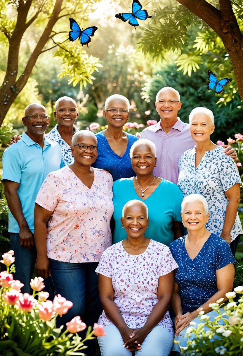 A serene scene depicting a diverse group of cancer survivors standing together, radiating hope and strength in a beautiful garden filled with blooming flowers. The individuals are smiling, showcasing various ages and backgrounds, symbolizing unity and resilience. Soft sunlight filters through the trees, casting warm light on their faces, as they hold hands in solidarity. Include butterflies fluttering around, representing transformation and new beginnings. vibrant colors. super-realistic.