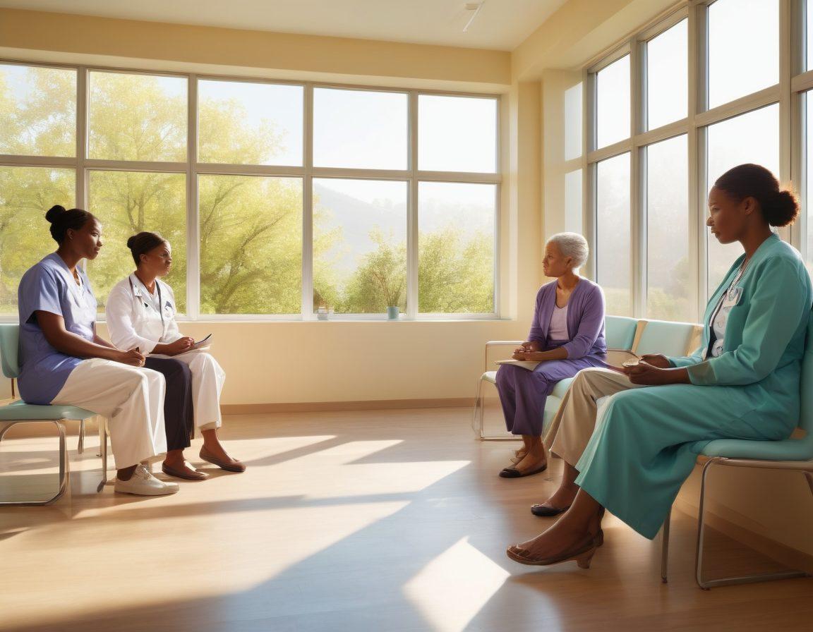 A serene and compassionate scene depicting a diverse group of patients consulting with empathetic healthcare professionals in a modern oncology clinic. The focus is on sharing knowledge through visual aids like charts and informative pamphlets on cancer care, emphasizing hope and connection. Soft, calming colors dominate the setting, with sunlight streaming through large windows. Illustrations of healthy lifestyles and support groups subtly integrated into the background. super-realistic. vibrant colors.